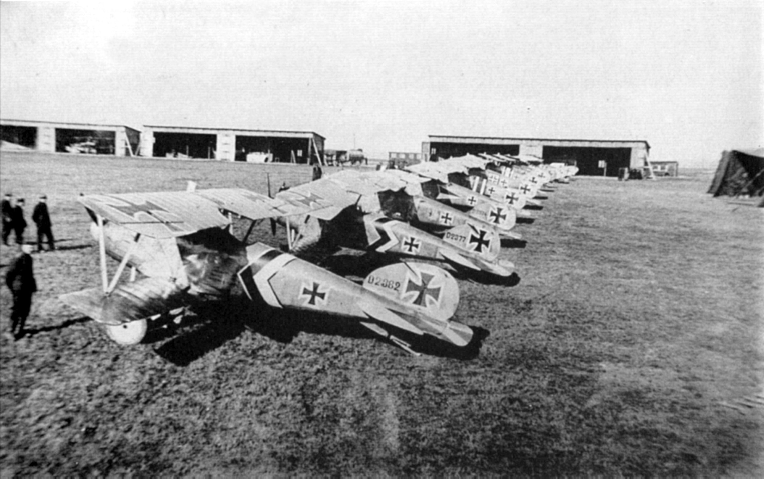 Albatros D.III fighters of Jagdstaffel 50 lined up on a field, 1917