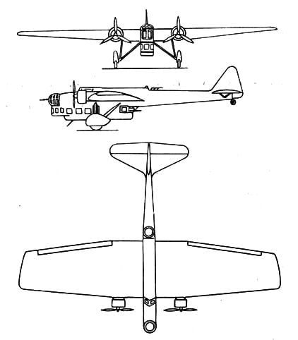 Three-view drawing of the Amiot 143