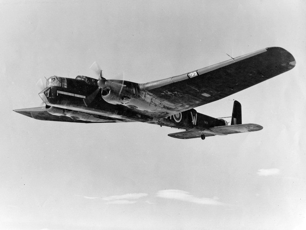 Armstrong Whitworth Whitley twin-engine night bomber in flight, c.1940