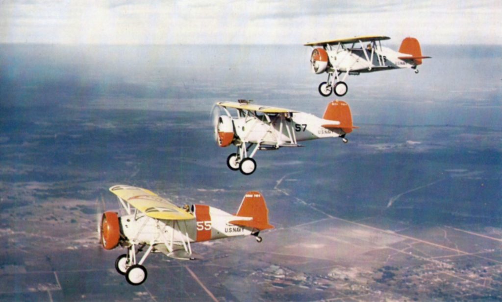 Boeing F4B training aircraft in flight, c.1941. Photo: US Navy, public domain.