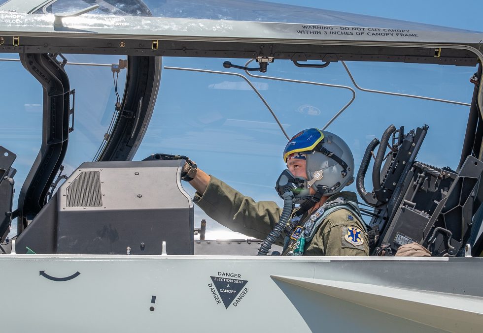 A pilot in the tandem cockpit of a T-7A Red Hawk at Joint Base San Antonio-Randolph.