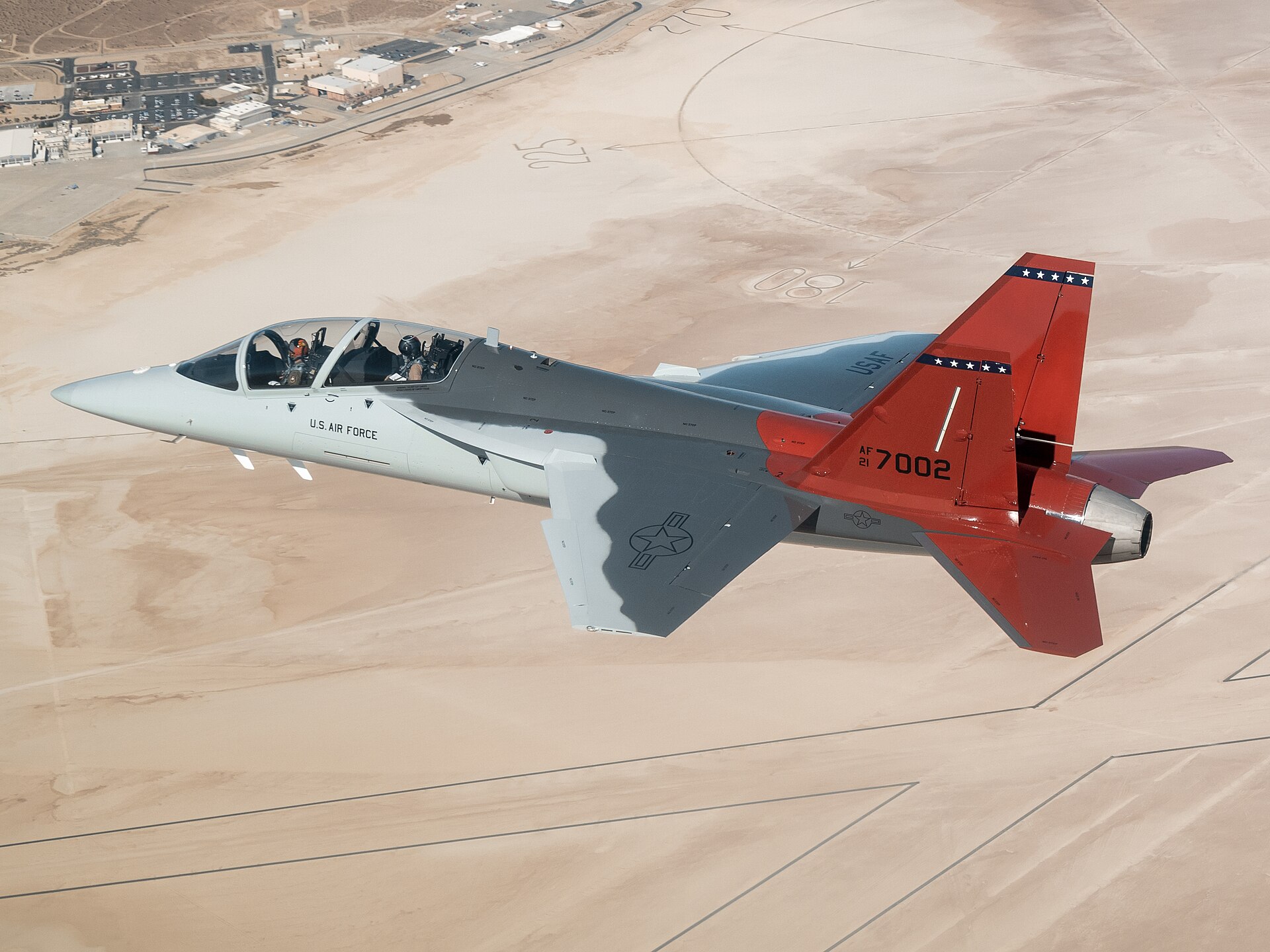 Boeing T-7A Red Hawk advanced jet trainer in flight over Edwards Air Force Base