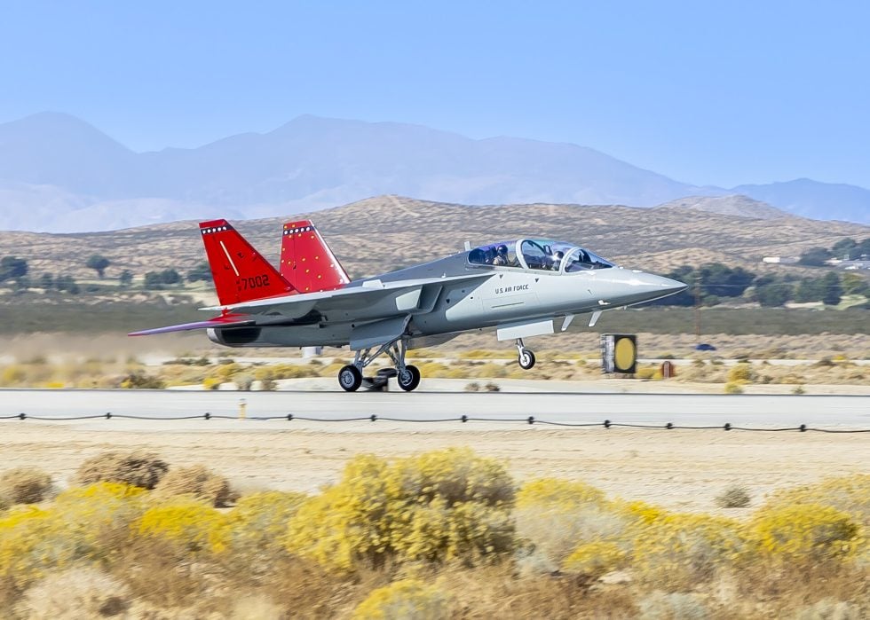 A T-7A Red Hawk touches down at Edwards Air Force Base during the test campaign.