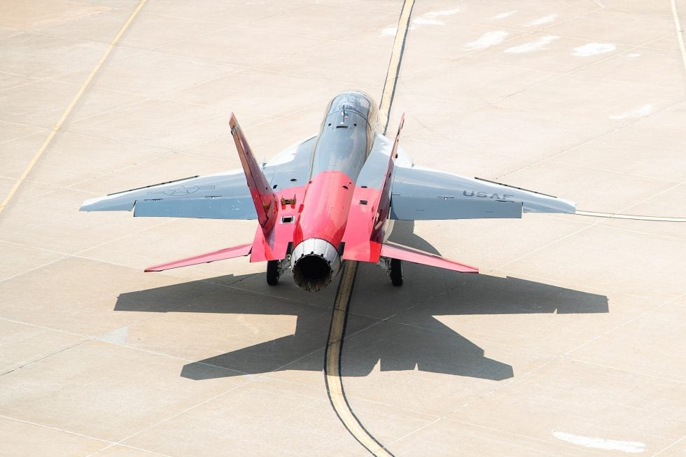 A T-7A Red Hawk on the ramp at the Boeing facility in St. Louis, Missouri.