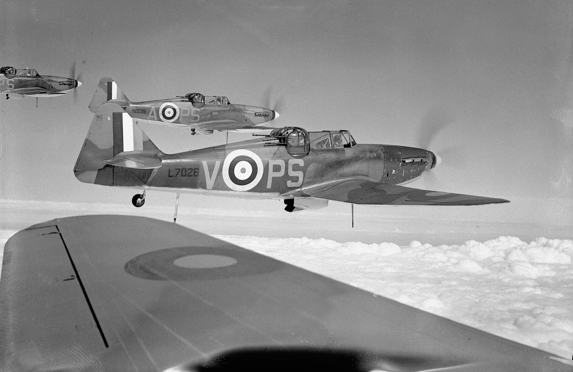 Boulton Paul Defiant Mk I turret fighters of No. 264 Squadron RAF in formation