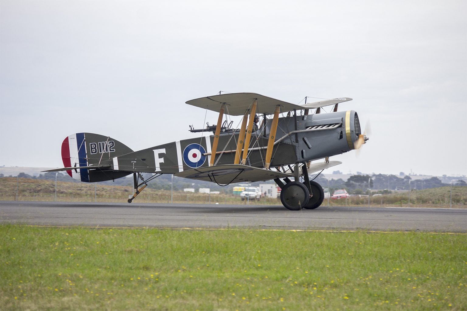 An airworthy Bristol Fighter replica taking off for a flying display