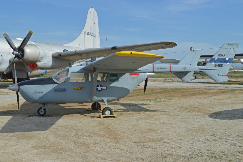 A preserved Cessna O-2B Skymaster, the psychological-warfare variant fitted with loudspeakers and leaflet dispensers