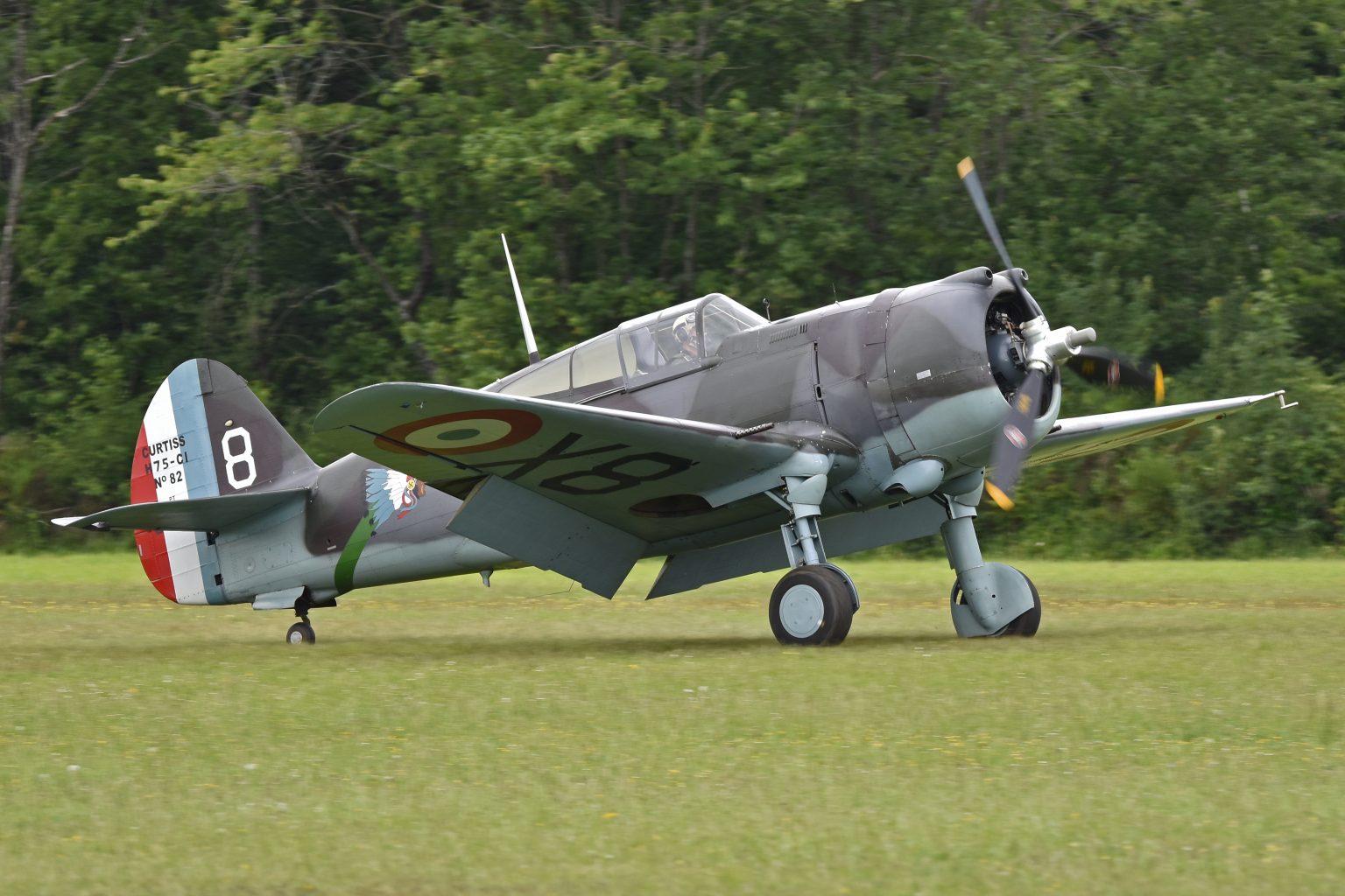 Airworthy Curtiss Hawk 75A-1 in French Groupe de Chasse markings in flight