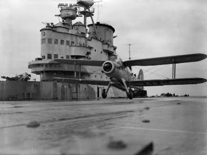 A torpedo-carrying Fairey Albacore of 820 Squadron, Fleet Air Arm, taking off from the flight deck of HMS Victorious. Photo: Lt C. H. Parnall, Royal Navy official photographer &mdash; Imperial War Museum collection (public domain).