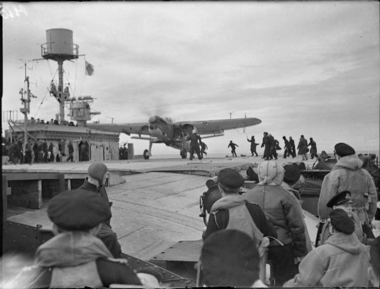 A Fairey Barracuda of 827 Squadron returning to HMS Furious during Operation Goodwood