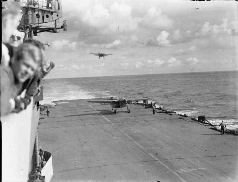 Fairey Barracudas landing on HMS Formidable after attacking the Tirpitz off Norway