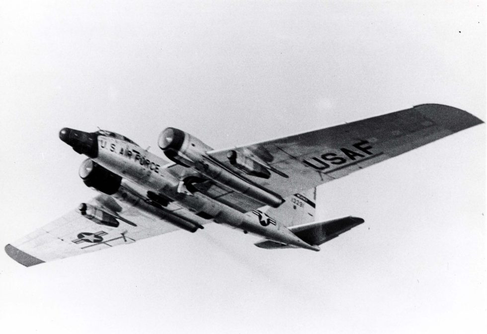 A General Dynamics RB-57F on takeoff, its ~122 ft wing dwarfing the original Canberra.