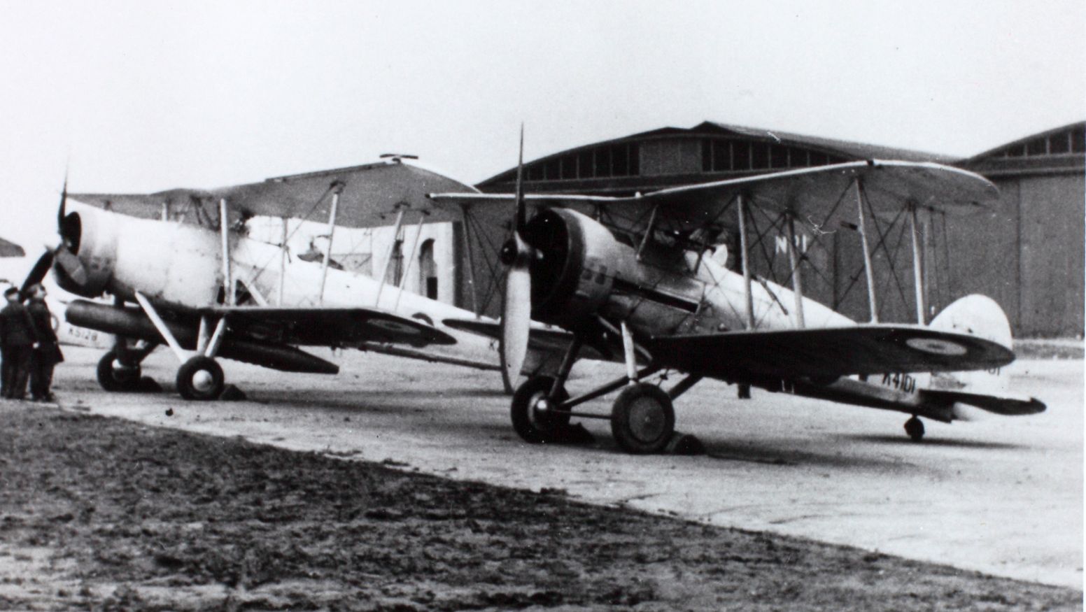 Royal Air Force Gloster Gauntlet open-cockpit biplane fighters in formation