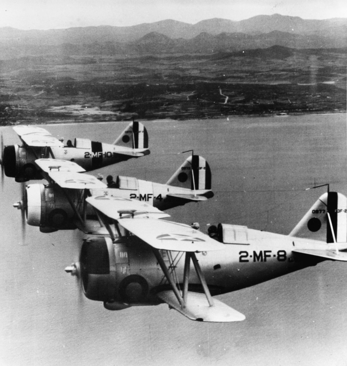 Three Grumman F3F-2 of VMF-2 in formation