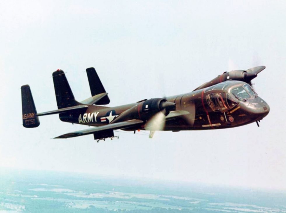 A U.S. Army OV-1 Mohawk banking in flight the Armys bug-eyed battlefield spy.