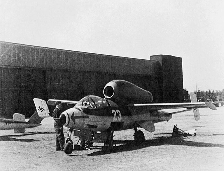 Captured Heinkel He 162 at Leck airfield in 1945