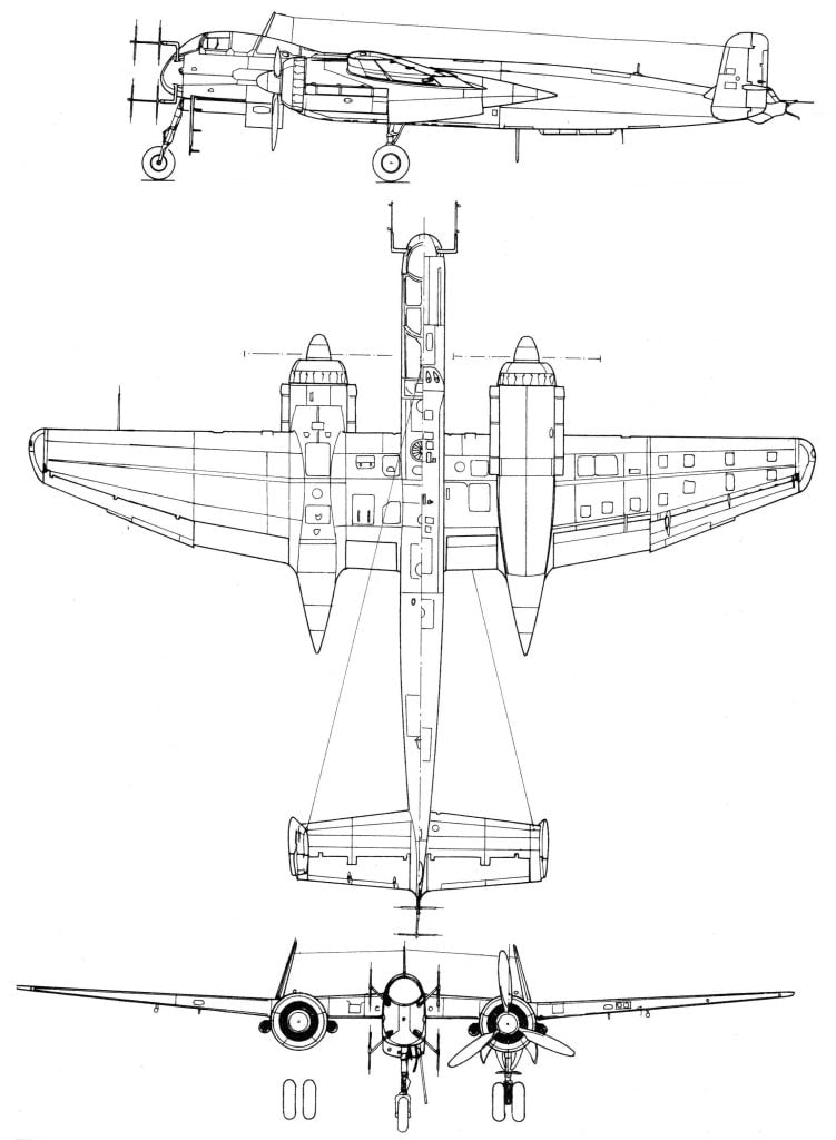 Three-view line drawing of the Heinkel He 219 A-7/R1 night fighter
