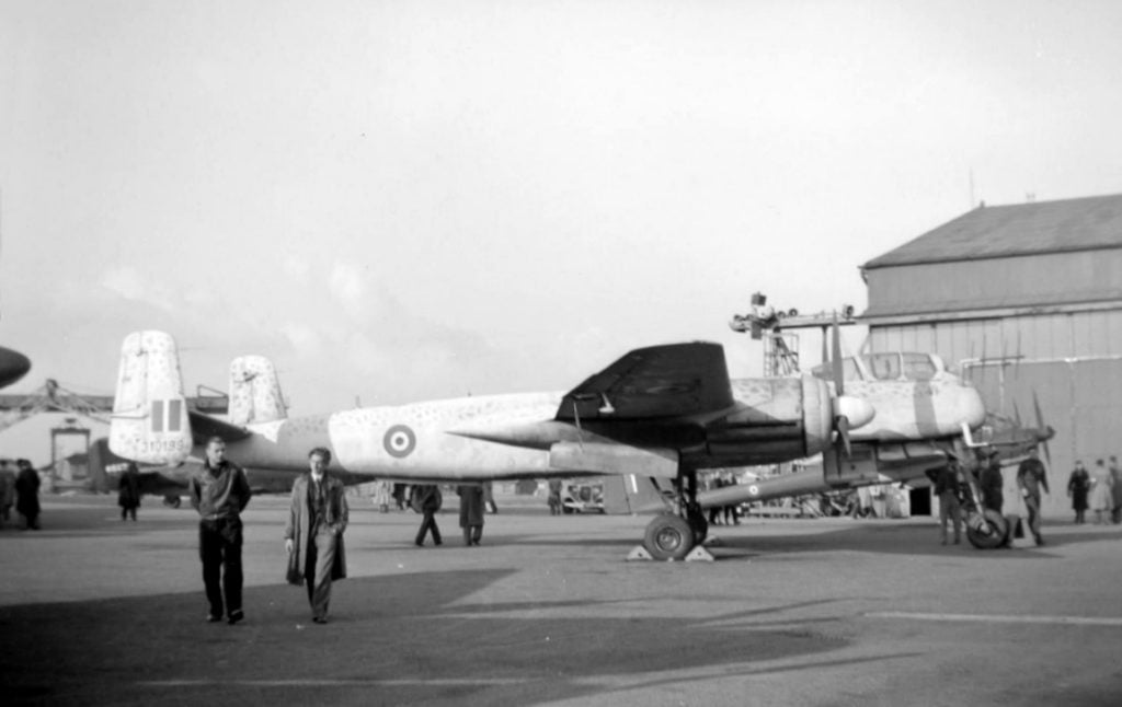 Captured German Heinkel He 219 A-5 night fighter under evaluation at RAE Farnborough in 1945
