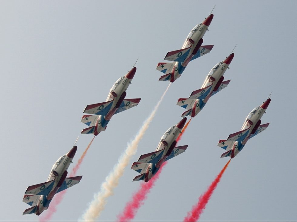 Pakistans Sherdils display team in formation  the K-8 as a crowd-pleaser.