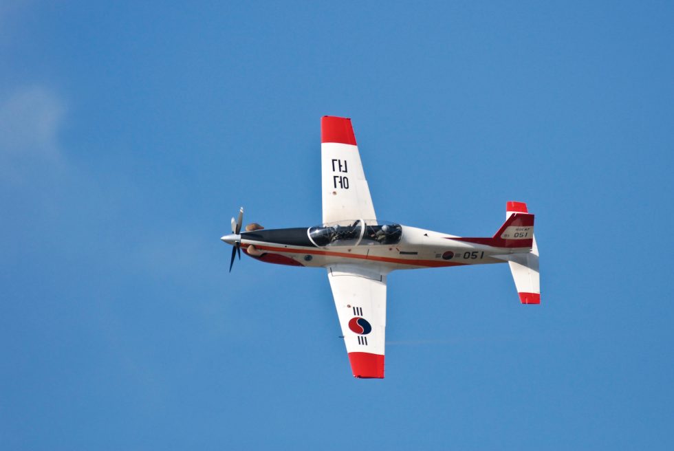 A ROKAF KT-1 Woongbi on a demonstration flight South Koreas first fully indigenous aircraft.