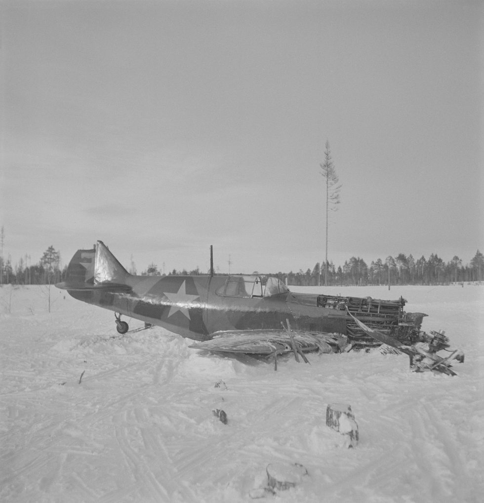 A Soviet LaGG-3 forced down and lying in forest near Nurmoila, 1942  an authentic wartime image.