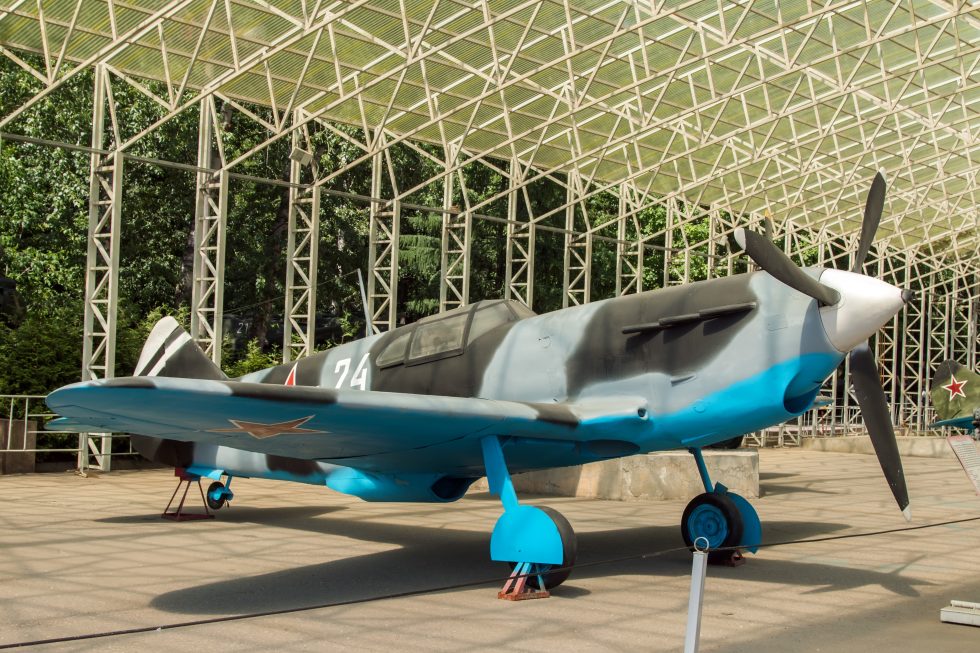 A preserved LaGG-3 in Soviet markings  the wooden fighter of 1941, restored for display.