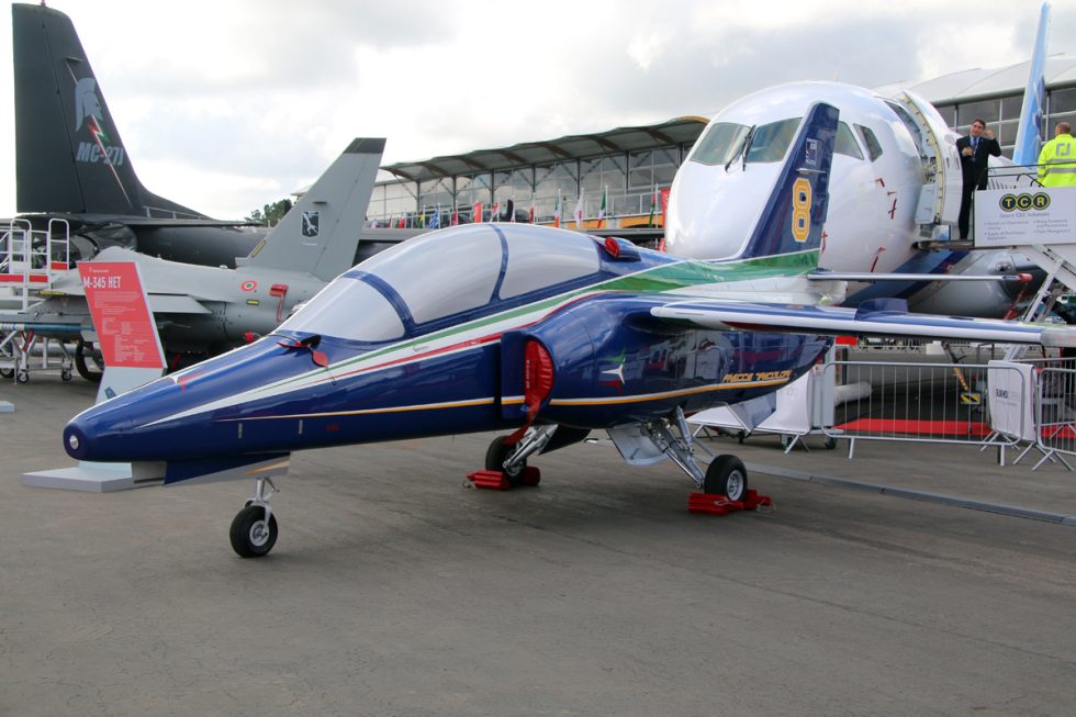 An M-345 in Italian display livery the tandem-seat trainer up close.