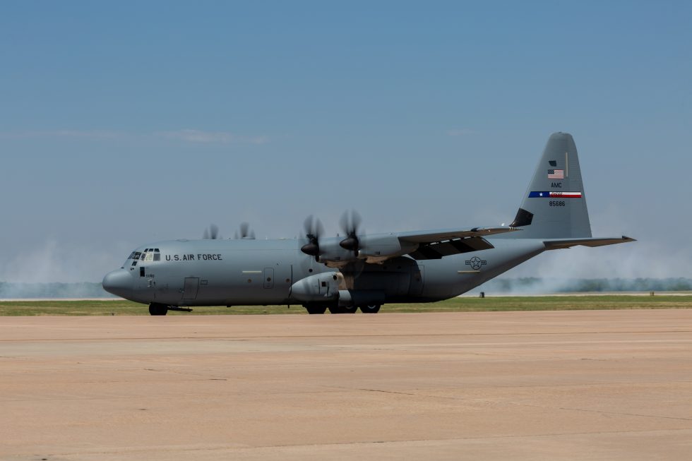 A Lockheed Martin C-130J Super Hercules with its distinctive six-blade composite propellers.