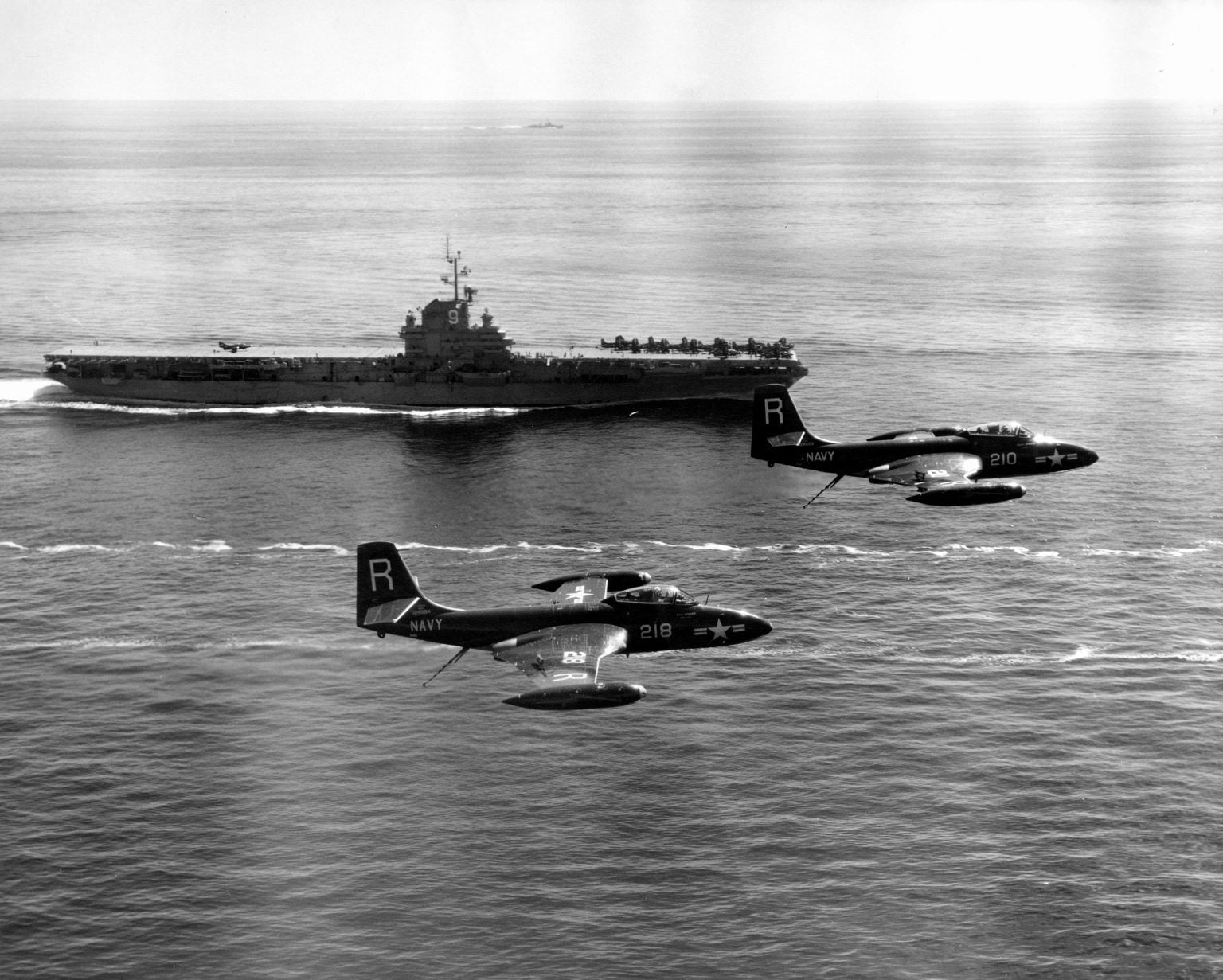 F2H-2 Banshees of US Navy squadron VF-172 in formation off the carrier USS Essex during the Korean War