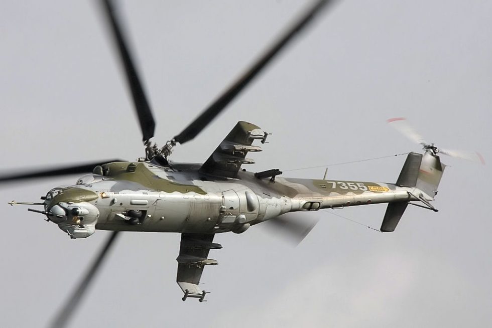 A Mil Mi-24 Hind in flight the armoured gunship that could also carry troops.