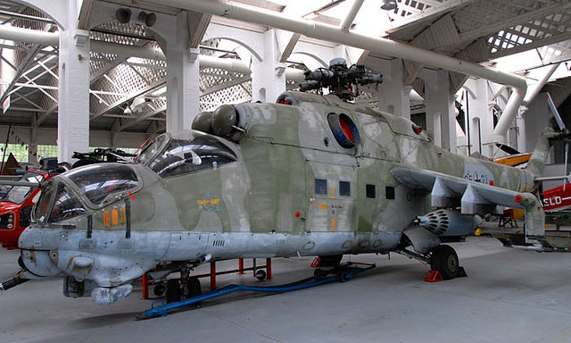 A Mil Mi-24 Hind-D, the definitive tandem-cockpit gunship variant.