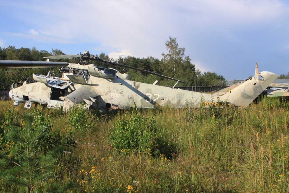 A Russian Air Force Mi-24P with its fixed side-mounted twin-barrel 30mm cannon.