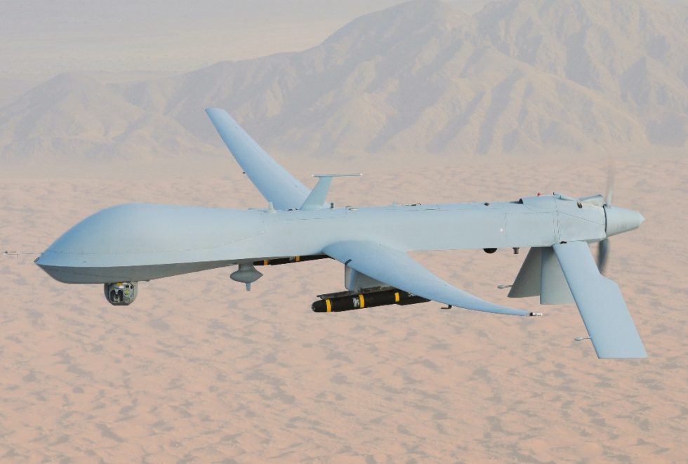A Predator armed with AGM-114 Hellfire missiles the hunter-killer configuration.