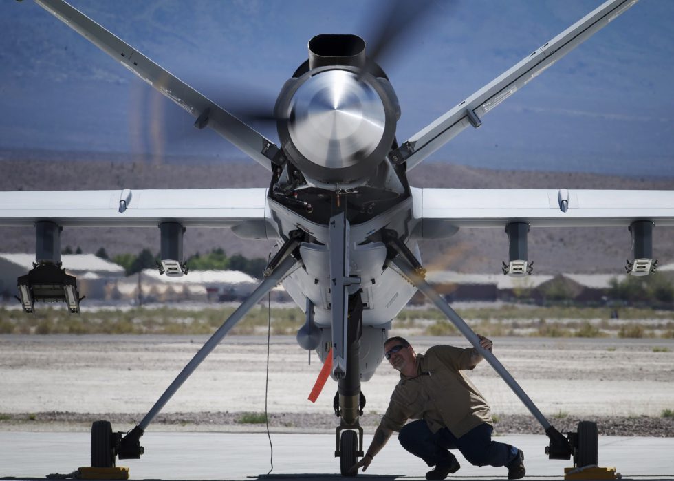 Ground crew service the Reapers Honeywell turboprop the engine behind its 27-hour endurance.