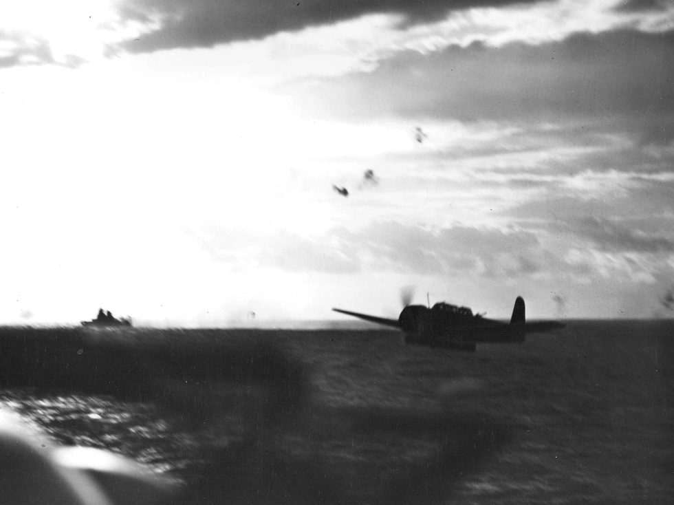 A Nakajima B6N Tenzan attacking low over the sea off Truk, April 1944.