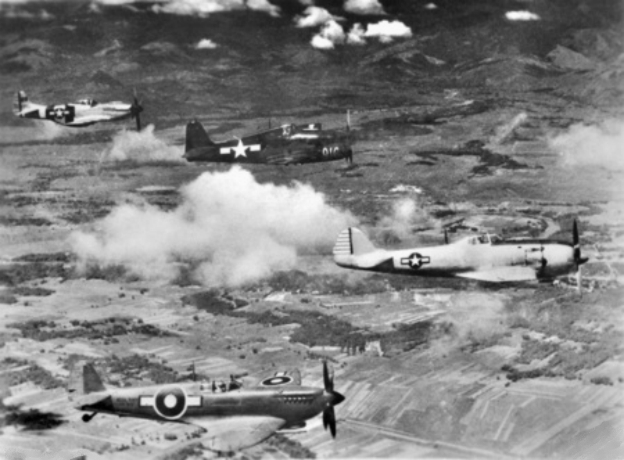 A captured Hayate lined up with a Seafire, Hellcat and Mustang, 1945  a rare side-by-side with its Allied rivals.