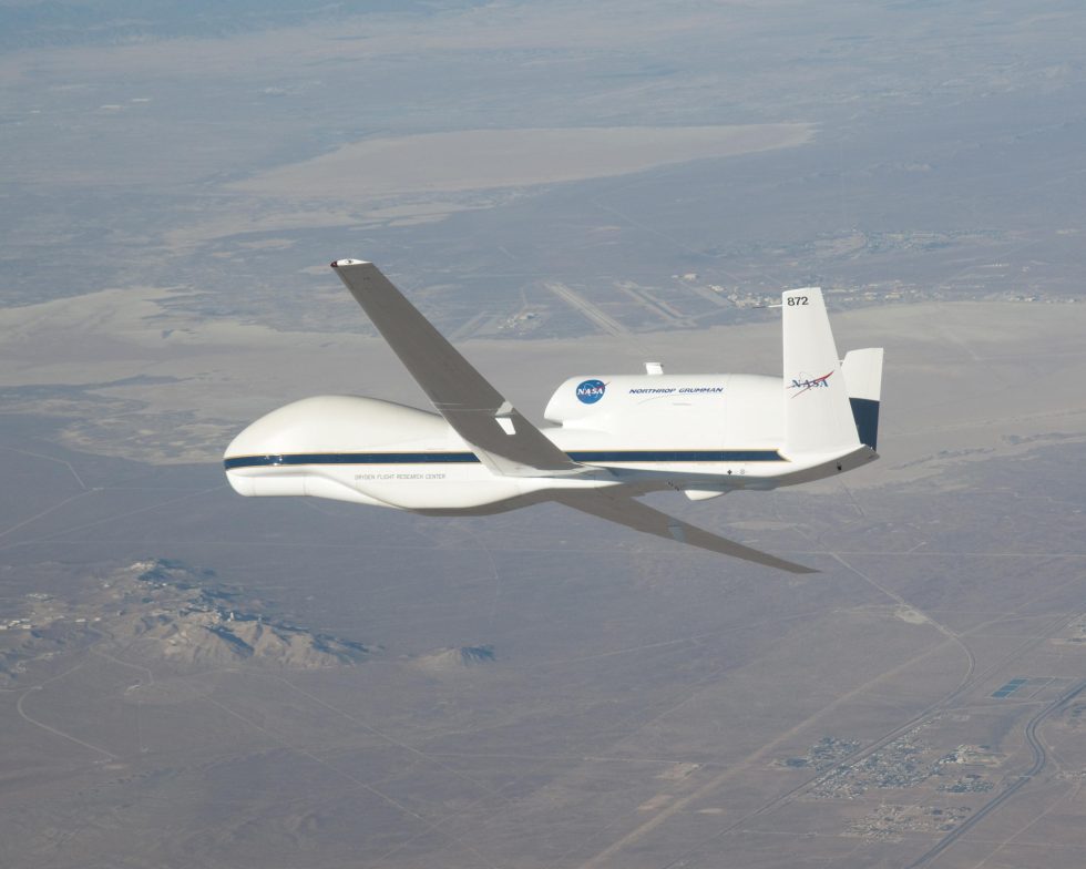 A NASA Global Hawk in flight the spy plane repurposed as a high-altitude science laboratory.