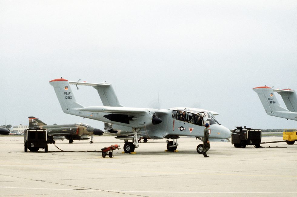 A Mississippi Air National Guard OV-10A in flight, 1980 the greenhouse canopy and stub-wing sponsons in profile.