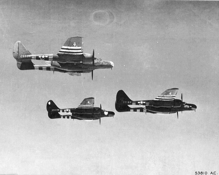 Formation of P-61 Black Widows in flight