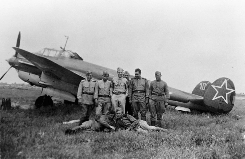 A Petlyakov Pe-2 photographed at Poltava during the war  the sleek twin-engine dive bomber in its element.