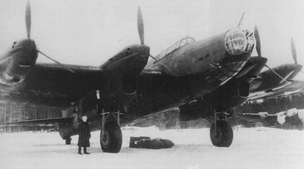A Pe-8 at a snow-covered airfield near Moscow  the type flew long-range night raids in brutal cold.