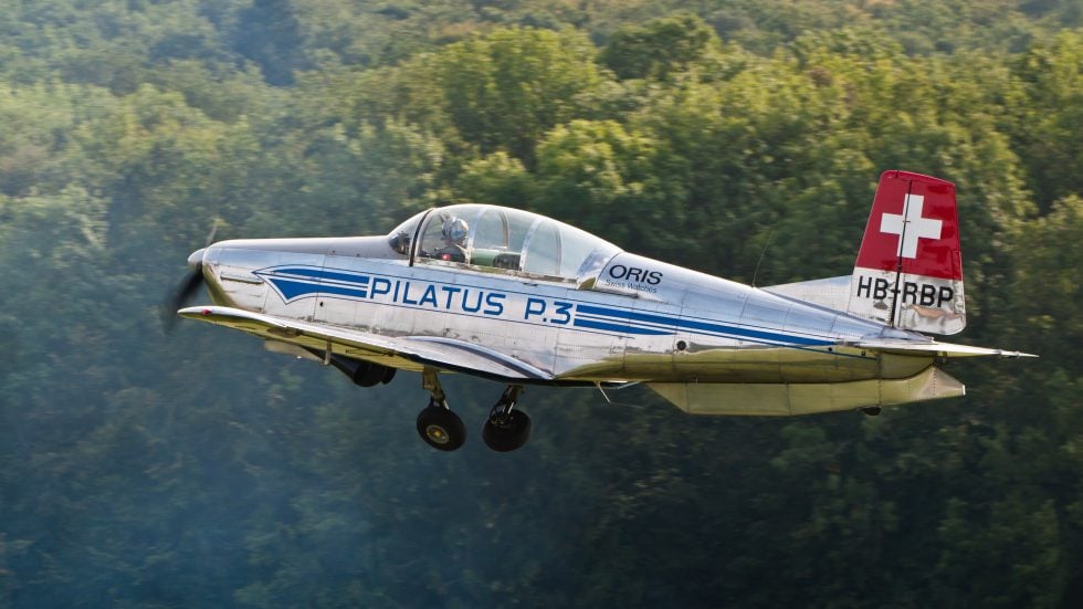 A Pilatus P-3 of the P3 Flyers display team in flight  the types aerobatic character on show.