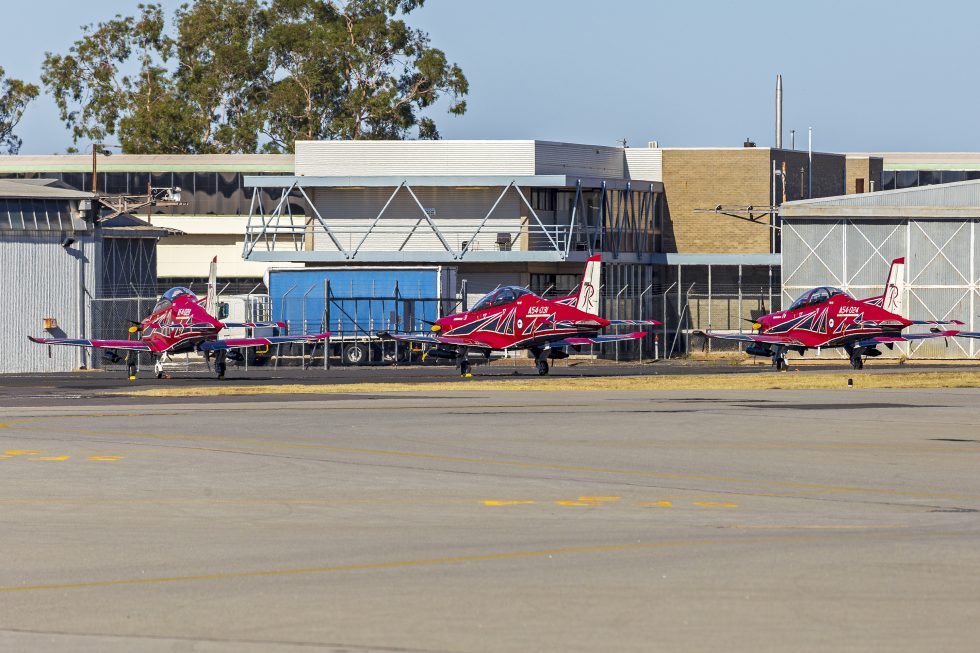 The RAAF Roulettes aerobatic team flying PC-21s in formation.