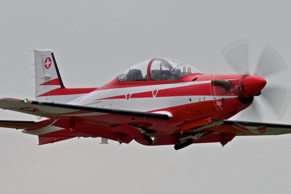 A Swiss Air Force PC-21 displaying at Payerne air base in Switzerland.