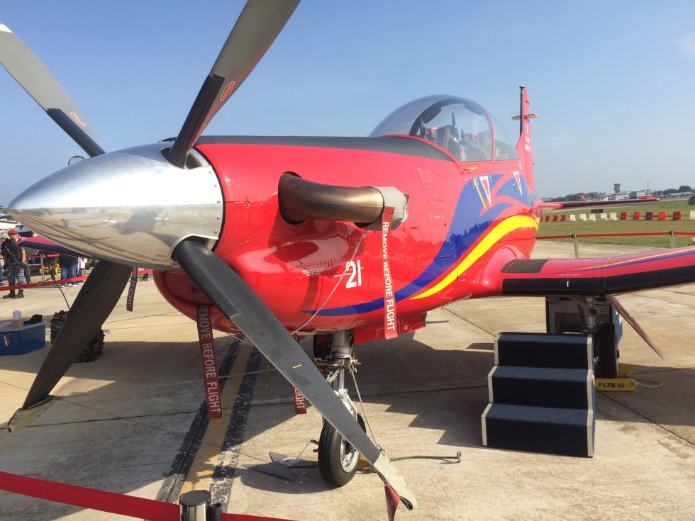 A Pilatus PC-7 on display  the strong, simple airframe that made the type a training standard.