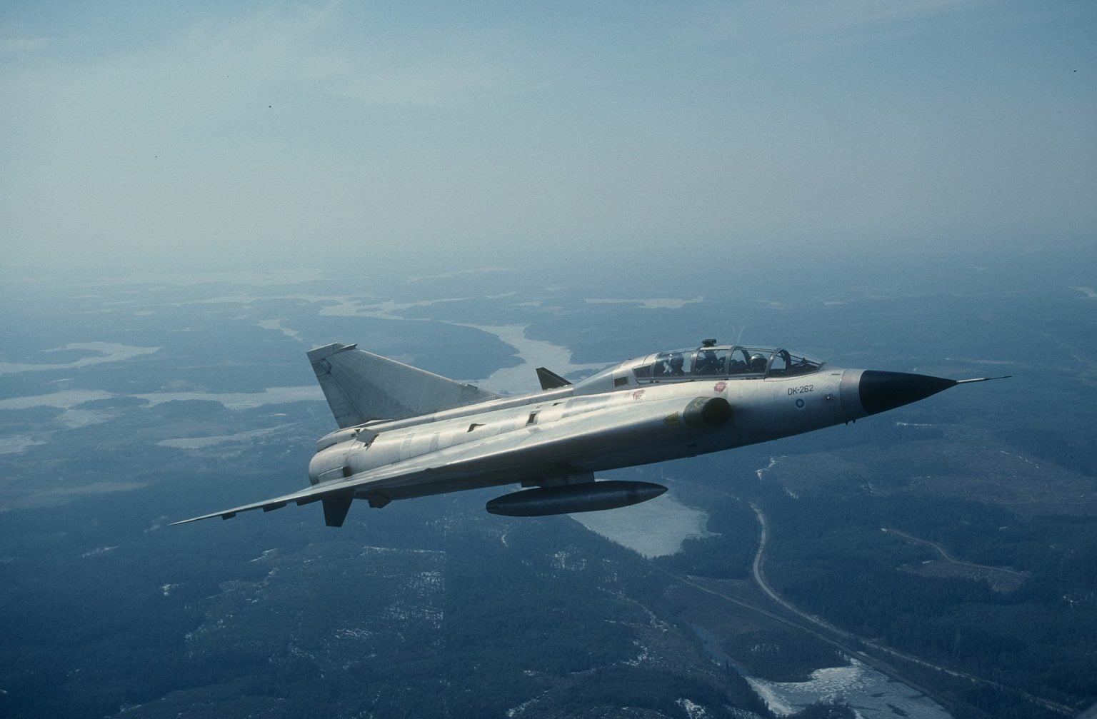 Saab 35 Draken double-delta fighter in flight