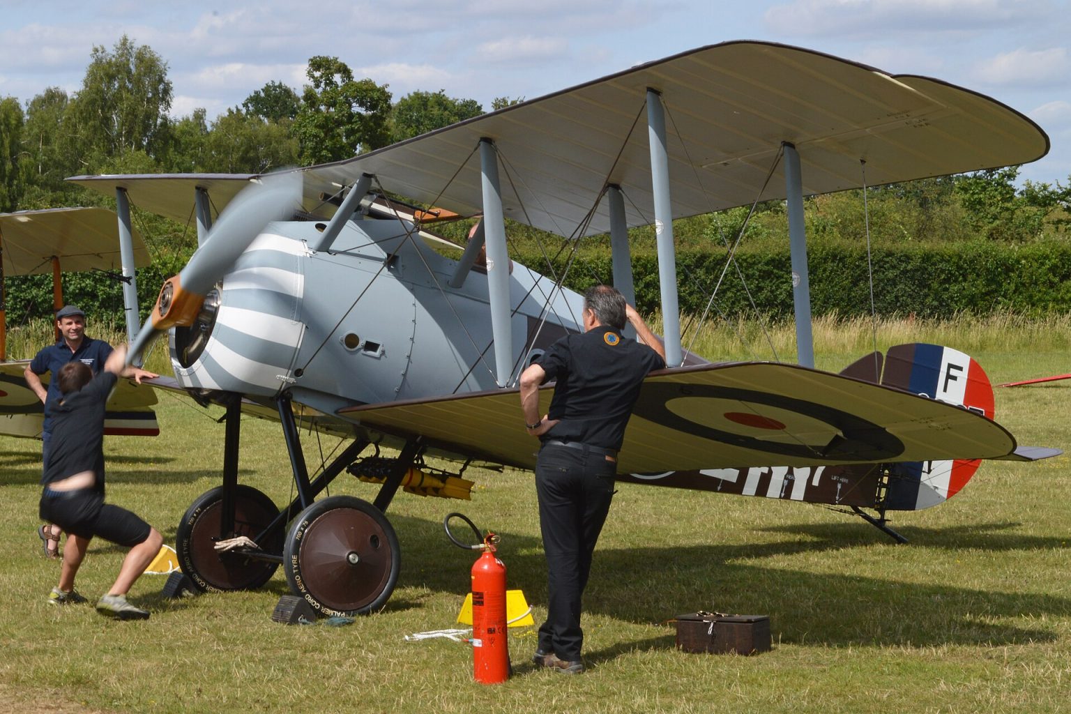 Airworthy Sopwith Snipe reproduction in flight, showing its two-bay biplane wings and rotary engine