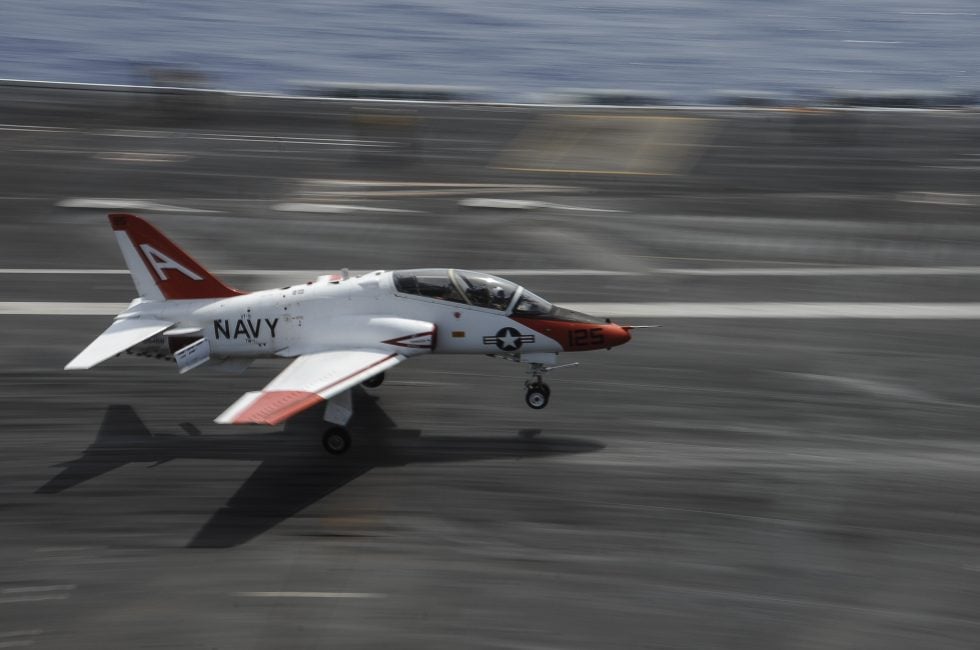 A T-45 catches the wire aboard USS Theodore Roosevelt  the arrested landing every naval aviator must master.