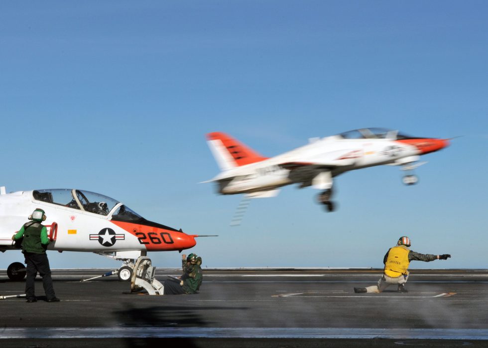 A Goshawk launches from a carrier catapult during carrier qualifications  the moment the jet was rebuilt for.