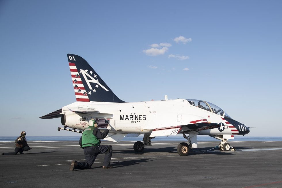 A T-45C of Training Squadron Nine aboard the newest carrier, USS Gerald R. Ford, in 2020.